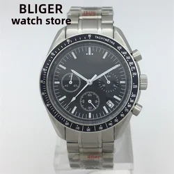 BLIGER 39mm quartz chronograph Fashion sapphire glass Men's VK63 movement black dial stainless steel polished