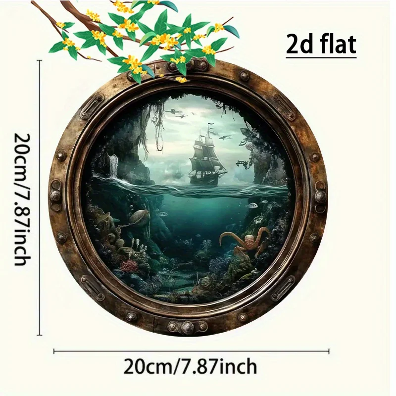 2D Flat, 2D Flat - 1pc Vintage Nautical Porthole Wall Decor, 20x20cm Round Aluminum with Dramatic Ocean Scene, Rustproof & Water
