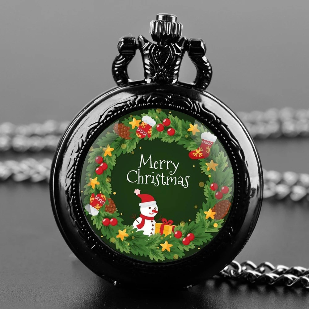 Merry Christmas Santa Claus Glass Dome Quartz Pocket Watch With Durable Chain Arabic Numeral Dial Extraordinary Gifts for Kids