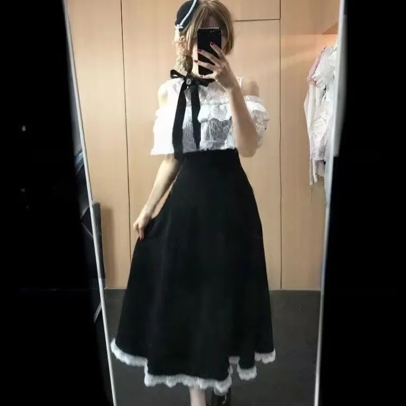 Vintage Japanese Sweet Retro Skinny Cloak Dress Summer New Long Dresses for Women White Moonlight Lace 2025 Women Clothing
