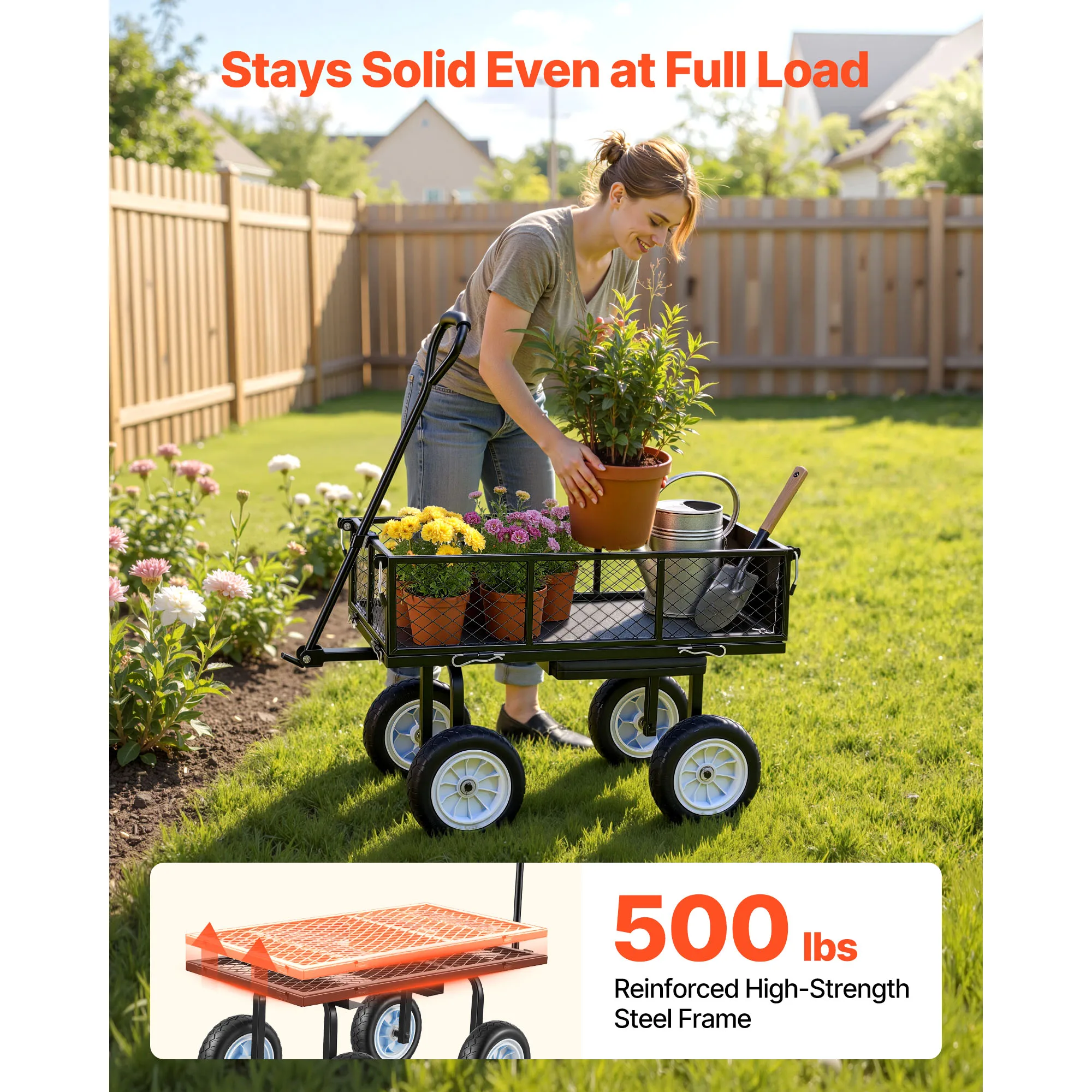 Garden Cart with Seat, 500 LBS, Rolling Steel Garden Work Seat with Wheels, Heavy-Duty Gardening Stool, Outdoor Yard Wagon, Patio, Backyard, Black, Featuring Tool Tray & Adjustable Handle