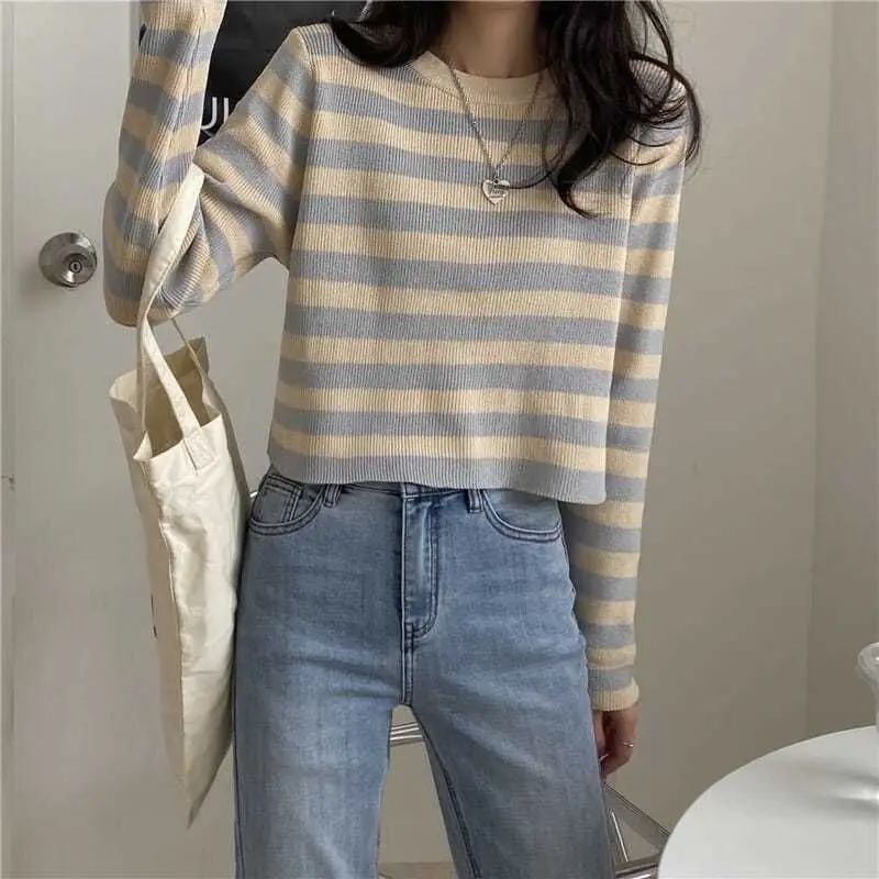 Women's Clothing Korean Striped Pullovers Knitted Spring Autumn Loose O-Neck Contrasting Colors Casual Long Sleeve Short T-shirt