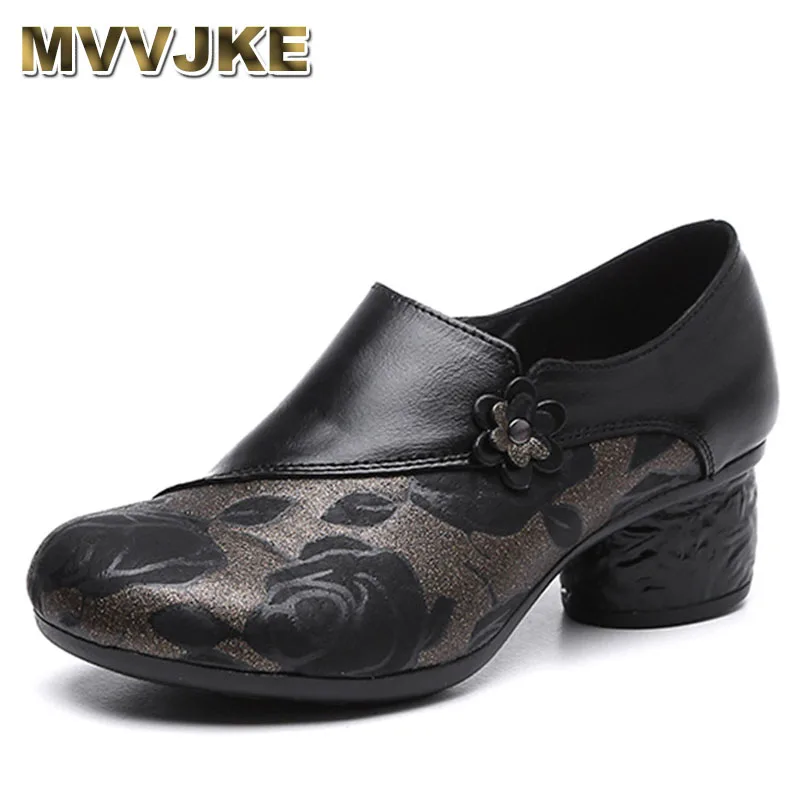 Spring Autumn National Style Women Pumps Flower Printing Round Toe Genuine Leather Women Chunky Heel Shoes