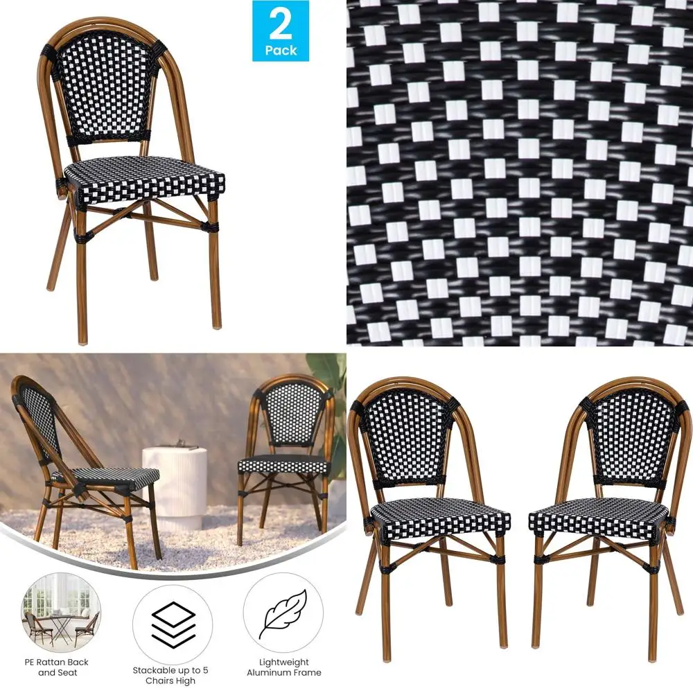 

Набор из 2 штабелируемых стульев для бистро — черный/белый ротанг, принт под натуральный бамбук для использования в помещении и на улице