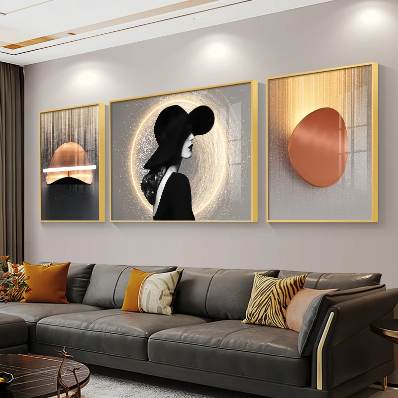 #Living Room Decoration Painting LED Lighting Mural Luxury Figure Triptych Painting Hanging Painting