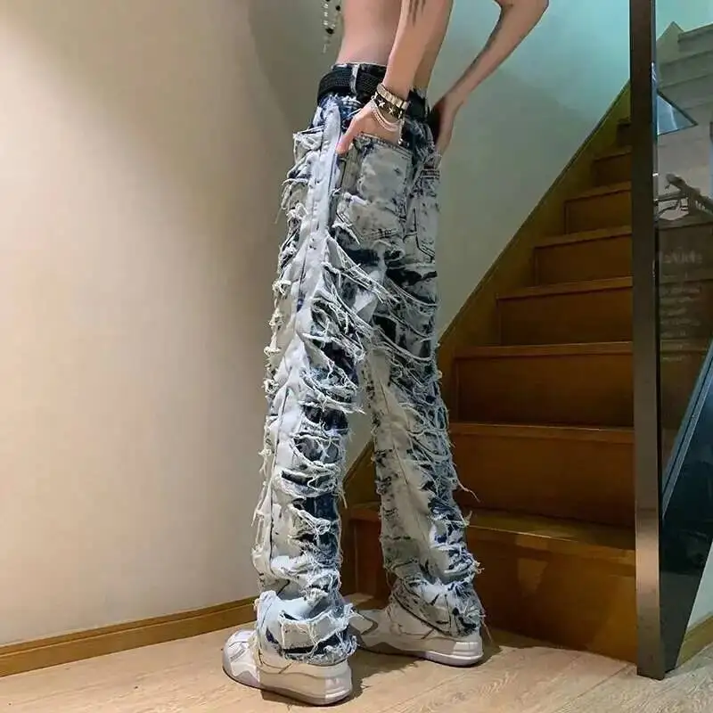 HKSH American High Street Erosion Damaged Vintage Jeans Men Ins Punk Trendy Straight Micro Flare Denim Pants Fashion Chic HK1205