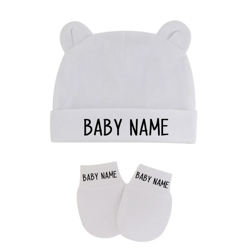 Gepersonaliseerde Pasgeboren Baby Beanie Schattige Baby Naam Hoed En Handschoenen Met Oren Katoen Stretch Jongens Meisjes Warme Hoed Handschoenen Douche Cadeau