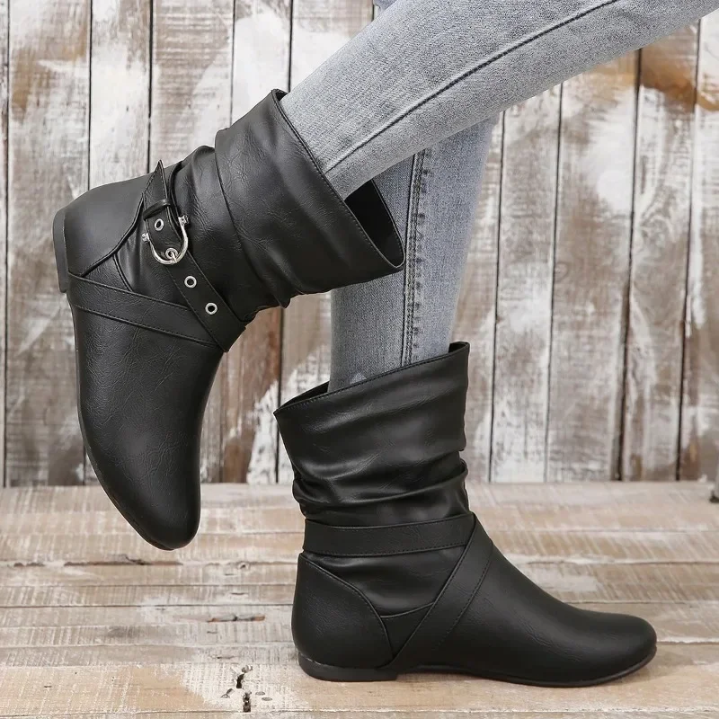 2024 Fashion Ladies Shoes Belt Buckle Women\'s Boots Fashion Slip-on Modern Boots Women Hot Sale Round Toe Shoes Women Zapatos