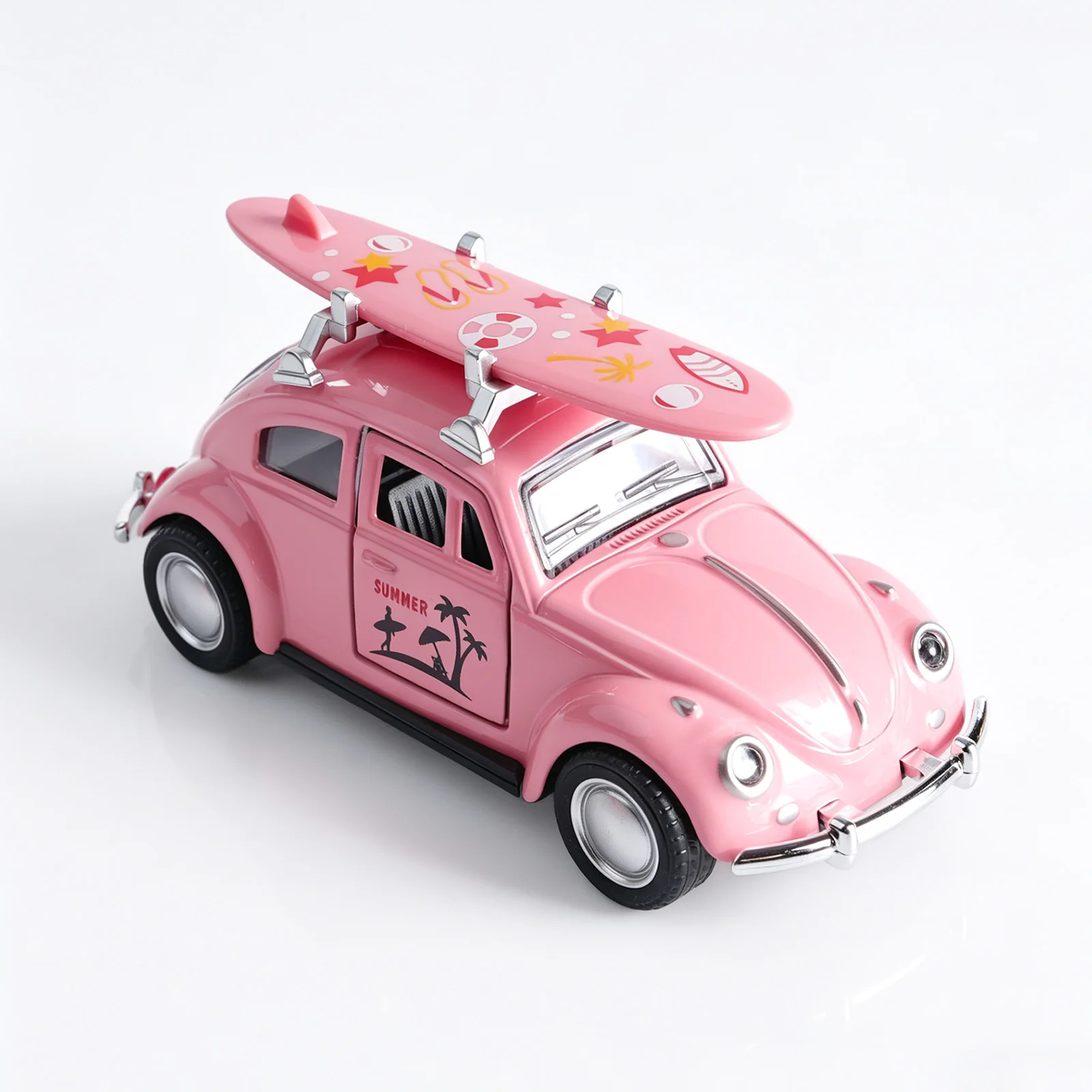 1:36 Pink Volkswagen Beetle Diecast Car with Surfboard, Alloy Pull-Back Model with Open Doors, Retro Summer Beach Toy for Kids