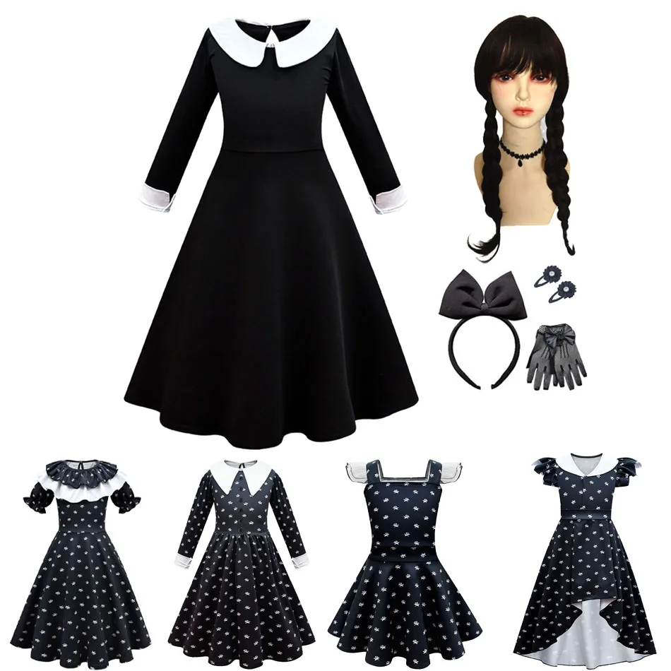 2023 Girl Wednesday Addams Party Dancing Dress Kid Halloween Cosplay Addam Costume Children Carnival Fancy Gothic Black Vestidos