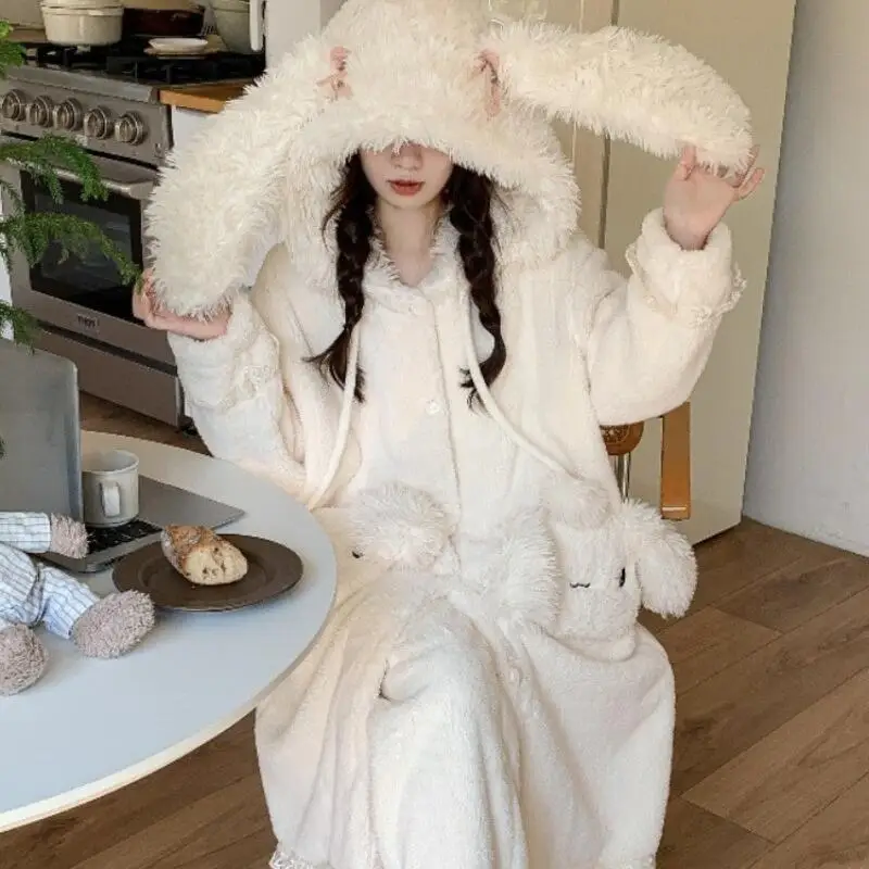 

Пижамный комплект, халат, женский утепленный пушистый кролик с капюшоном и рисунком, удобная домашняя одежда, милая одежда для сна, теплая осень-зима