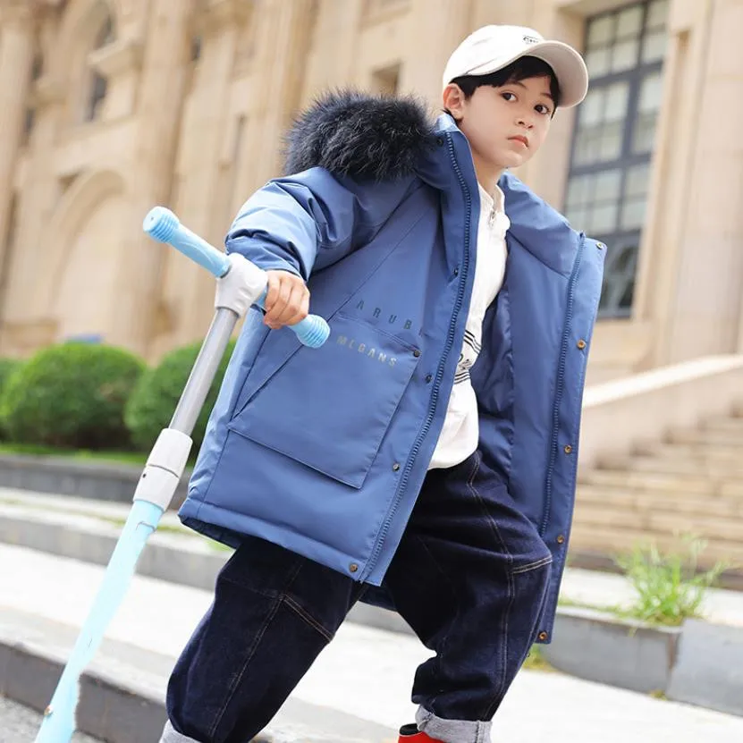 Winter New Duck Down Thermal Coat Boys Royal Blue Fashion Clothes Middle Children Hooded Down Jacket Natural Fur Collar A1965