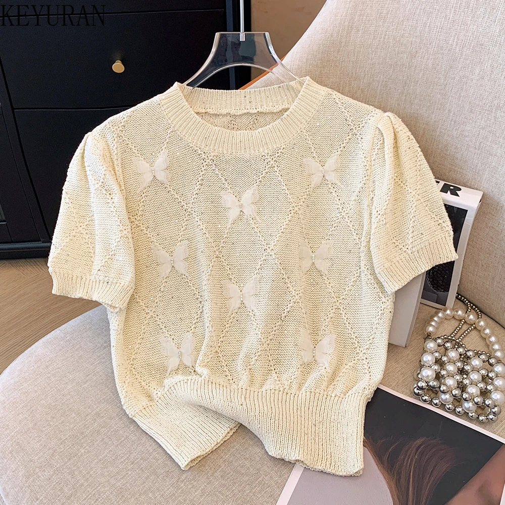 2024 Summer Short Sleeve 3D Butterfly Sweater Women\'s Knitted T-Shirt Vintage Casual Loose O-Neck Versatile Pullover Tops Jumper