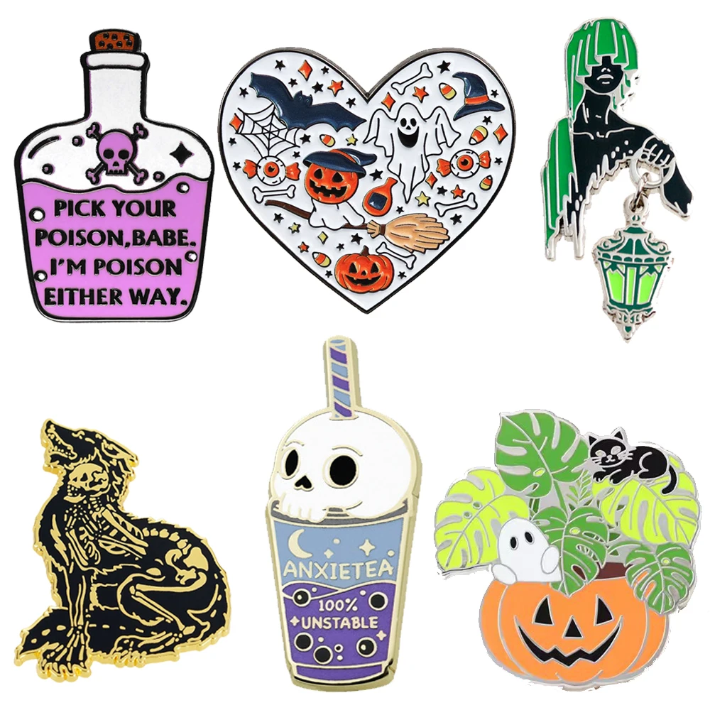 Gothic Dark Style Enamel Pin Halloween Brooch Poisoon-Bottle Heart Ghost Pumpkin Cat Skeleton Wolf Tea Cup Lapel Badge fJewelry