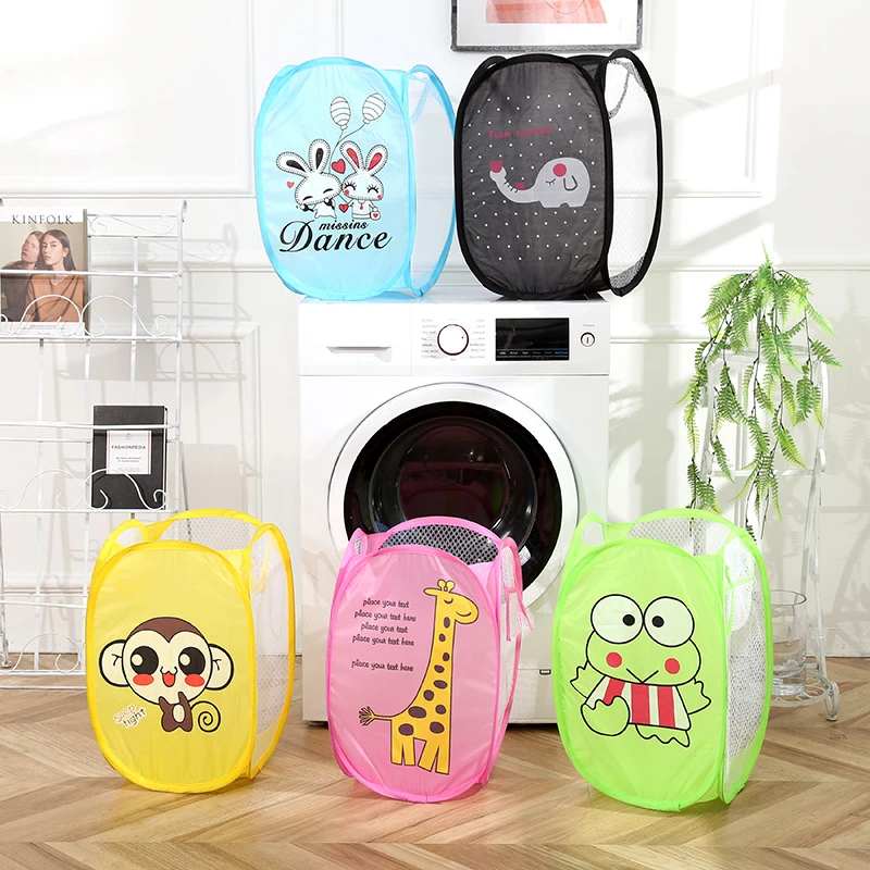 Cartoon Printed Foldable Laundry Basket Nylon Mesh Dirty Clothes Hamper Storage Bin Modern Simple Style Non-woven Fabric