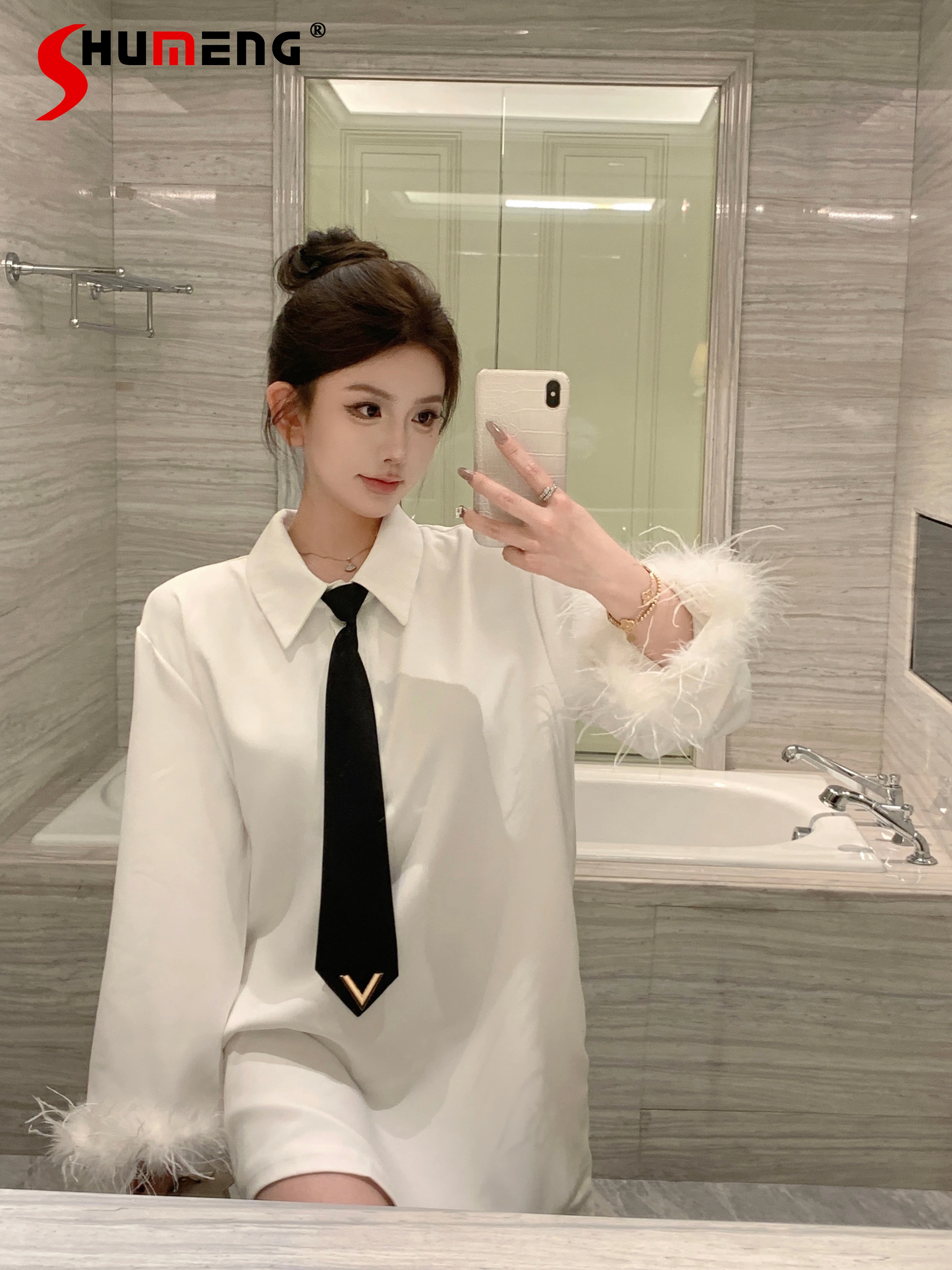 Fashion Retro Long Sleeve Shirts 2024 Spring New Graceful Fashionable Shirt Slimming Tie Trendy Solid Color Women's Tops