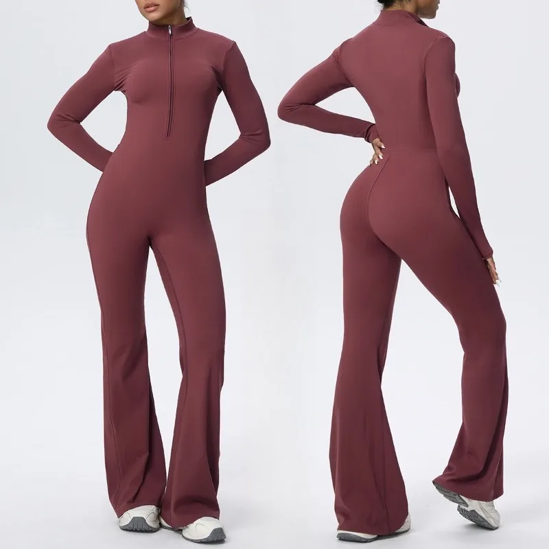 

Yoga Zipper Jumpsuit Fitness Sportswear Pilates Gym One-piece Women's Loose Pants Long Sleeved Hip Lifting Slimming Bodysuit