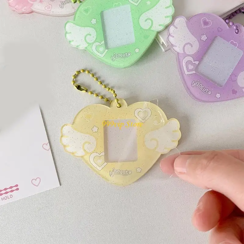 C90C Portable 1 Inch Photo Holders Photocard Holders with Keychain Heart Wing Hard Card Folder for Students Office Workers