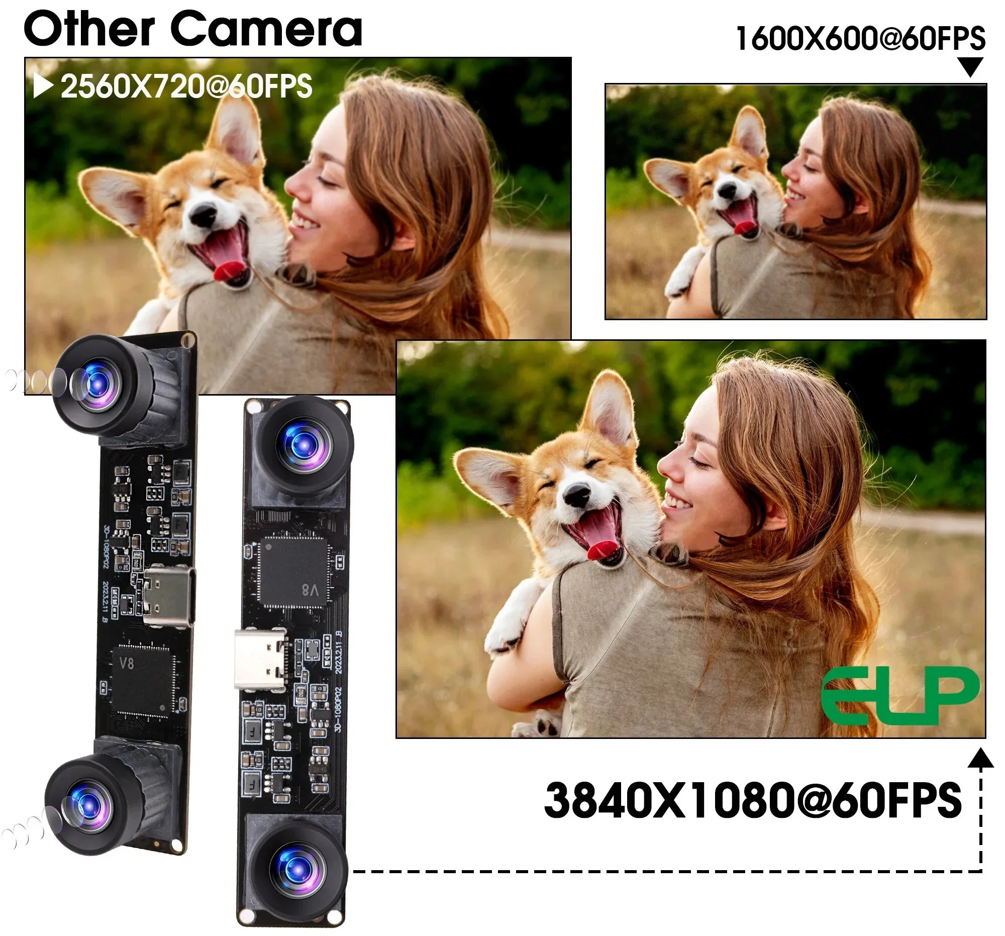 ELP 4MP 同期ステレオ USB カメラモジュール 3840x1080 60fps 高速 3D カメラ、広角、歪みなし、デュアルレンズ
