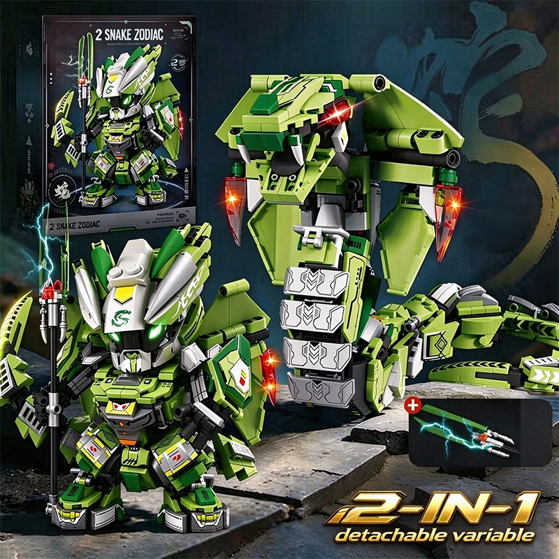 2in1 Mecha Building Blocks Transformable Robot Building Blocks Green Snake Animal Building Blocks DIY Children Toy Holiday Gift