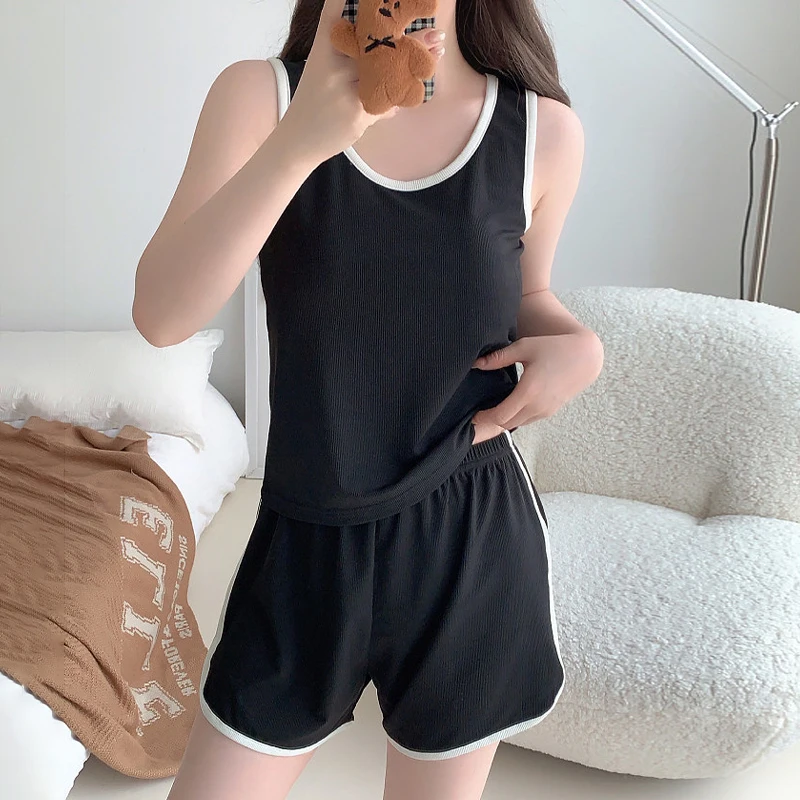 

Летний женский пижамный комплект 2025 года, жилет с короткими рукавами и нагрудником, однотонный простой домашний костюм