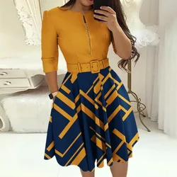 Feminino Vestido Linha A Retalhos com Zíper, Gola Redonda, Cinto Estampado, Elegante Vestido de Festa, Senhora do Escritório, Outono, Moda Inverno