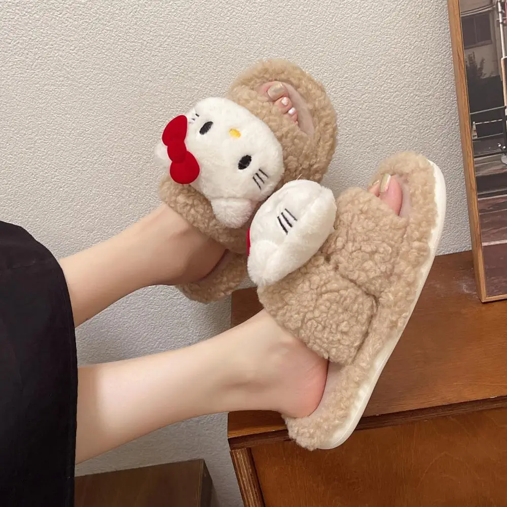 Kawaii Hello Kitty Doll Plush Slippers Sanrios Anime Winter Cute Cartoon Warm Cotton Home Slippers Leisure Anti-Slip Cat Shoes