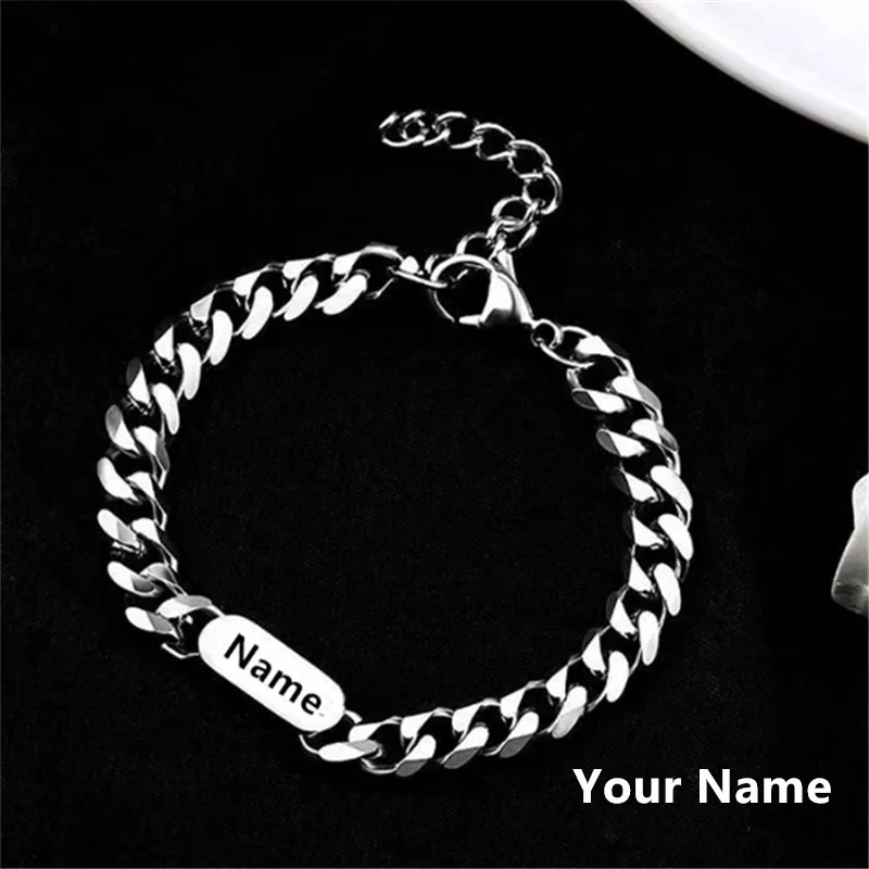 Gelang Pesona Pribadi untuk Pria Wanita Baja Tahan Karat Rantai Kuba Nama Kustom Gelang BFF Hadiah Perhiasan Pasangan e699