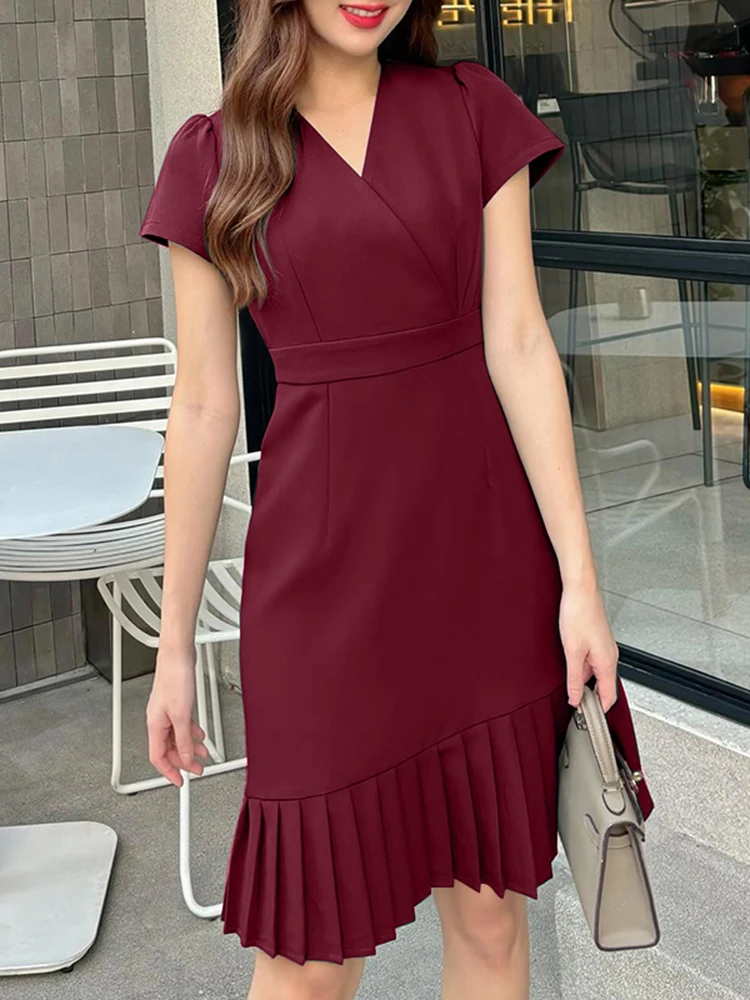 Eleganckie sukienki do pracy z krótkim rękawem i dekoltem w serek ZANZEA na lato 2025, stylowe, jednolite, plisowane sukienki w kształcie litery A na przyjęcie, Vestidos Robe Femme