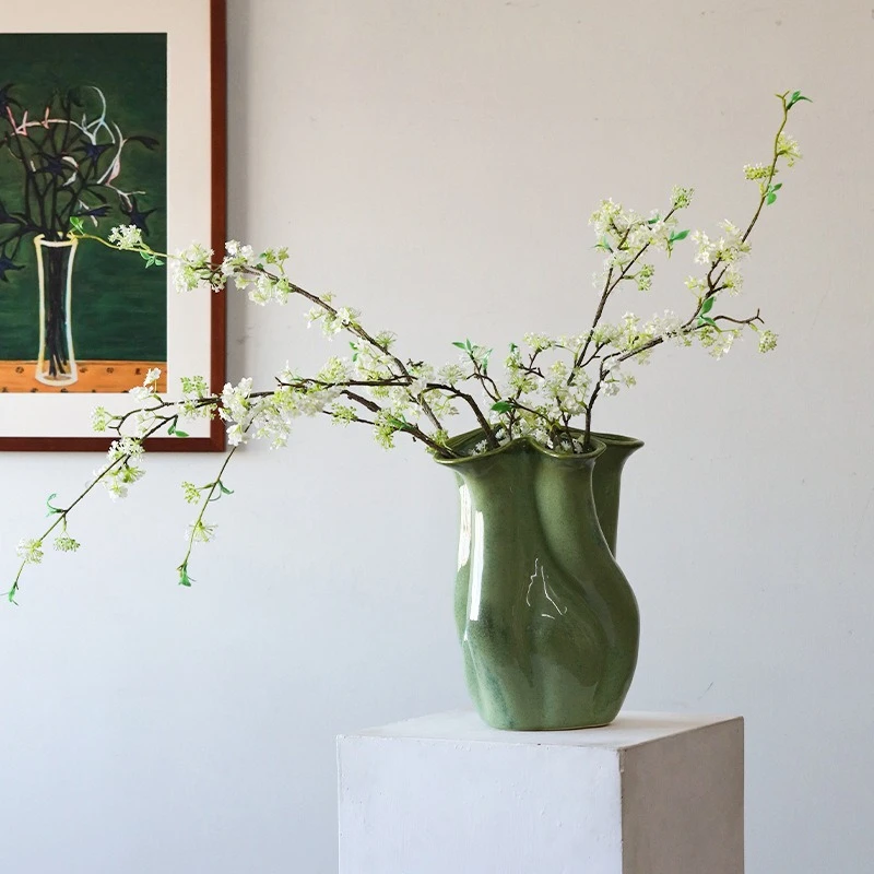 Dark green ceramic vase flower arrangement living room dining table flower ware ornament decoration light luxury