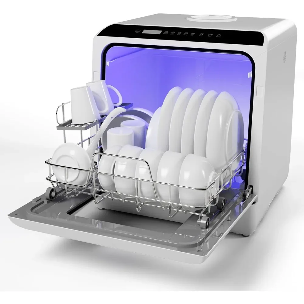 Portable Countertop Dishwasher, No Hookup Needed,With 5-Liter Built-in Water Tank,5 Programs, 360° Dual Spray
