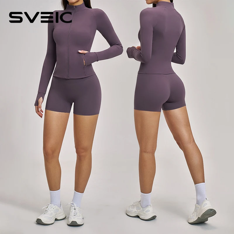 SVEIC 2 Piece Gym Set Yoga Long Sleeve Top Zipper Pockets Fitness High Waisted Shorts Booty Lift Workout Running Women’s Clothes