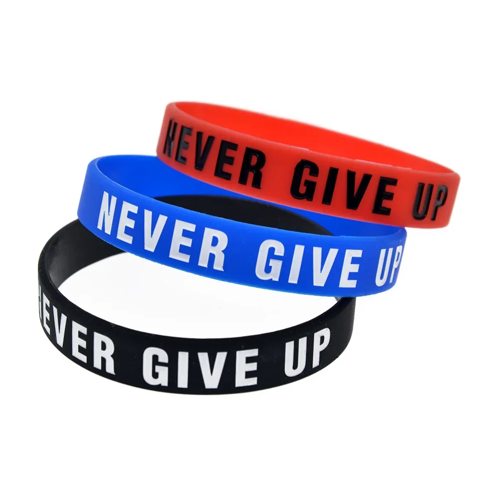 

50 Pcs Never Give Up Silicone Rubber Wristband Sport Motivational Bangle Adult Size