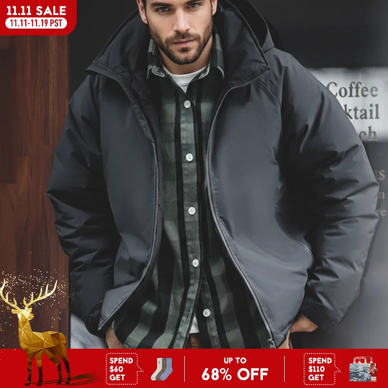 Maden Hooded Down Jacket for Men Winter Thickened Matte Glossy Fabric Parka Outdoor Warm Coat Versatile Outerwear Black Jacket