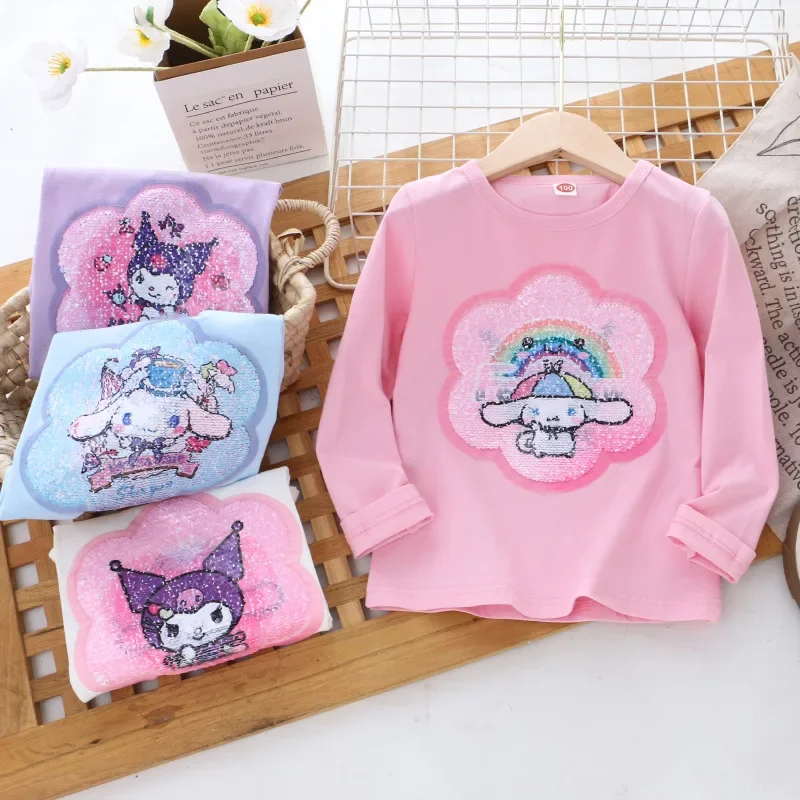 

Cinnamoroll Anime Kawaii MINISO Ins Undershirt Cute Cartoon Kuromi Children Long-sleeved Hooded Clothing Gifts for Kids