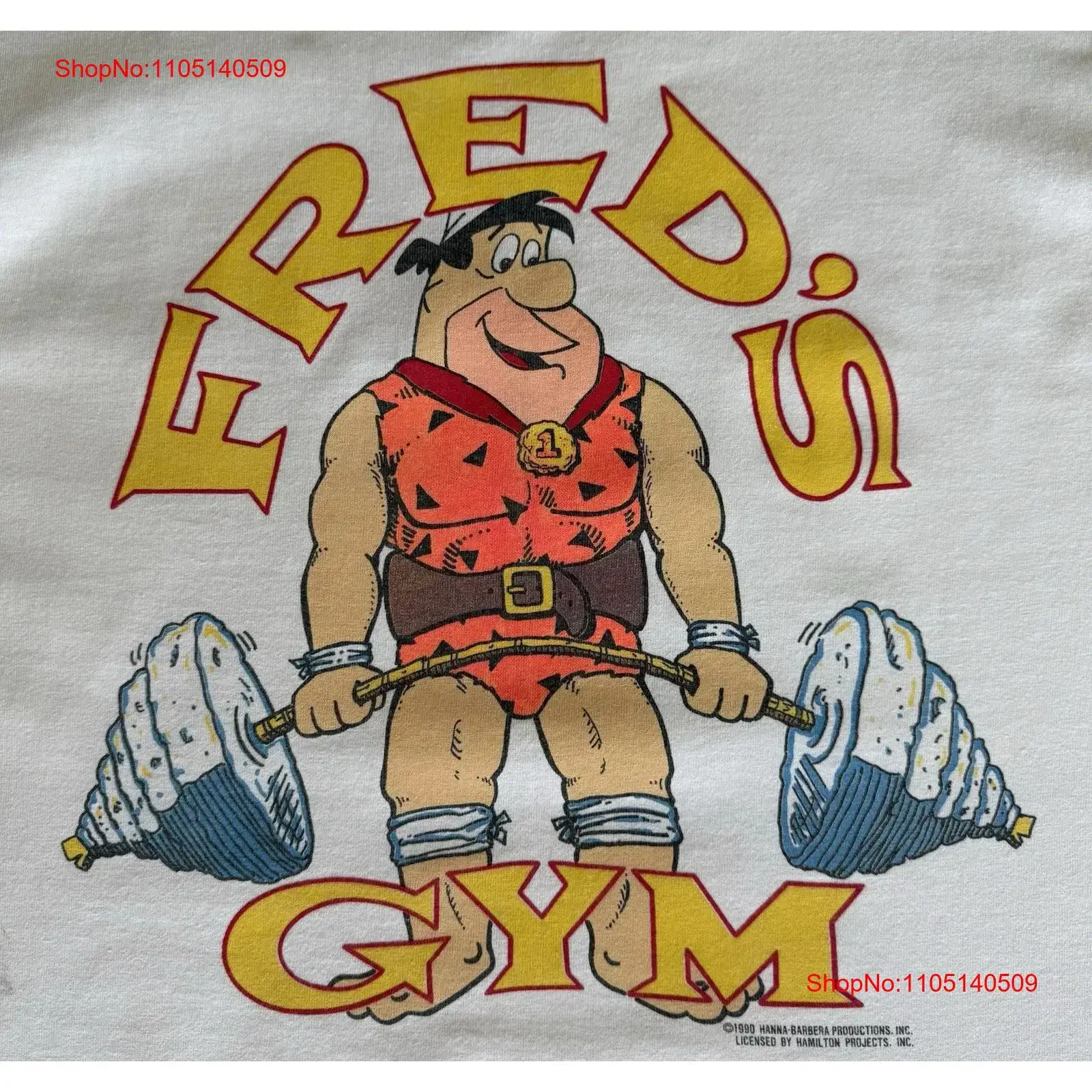 

ВИНТАЖНАЯ ФУТБОЛКА FREDS GYM 1990-TO BODYBUILDING FRED FLINTSTONE GOLDS WORLD XL, винтажная стираная слегка мужская мода, удобная