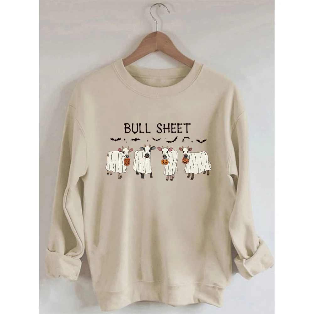 Rheaclots Bull Sheet Cow Halloween Print Women's Cotton Female Cute Long Sleeves Sweatshirt