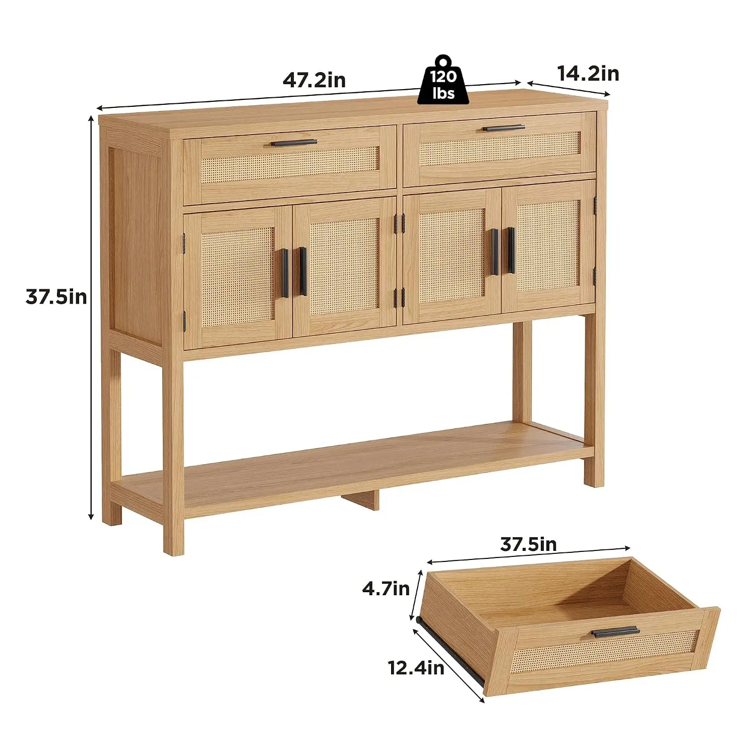 Console Table With Rattan Doors & Large Storage, Entryway Sofa Buffet Table For Living Room Hallway Foyer, Wood, Customized