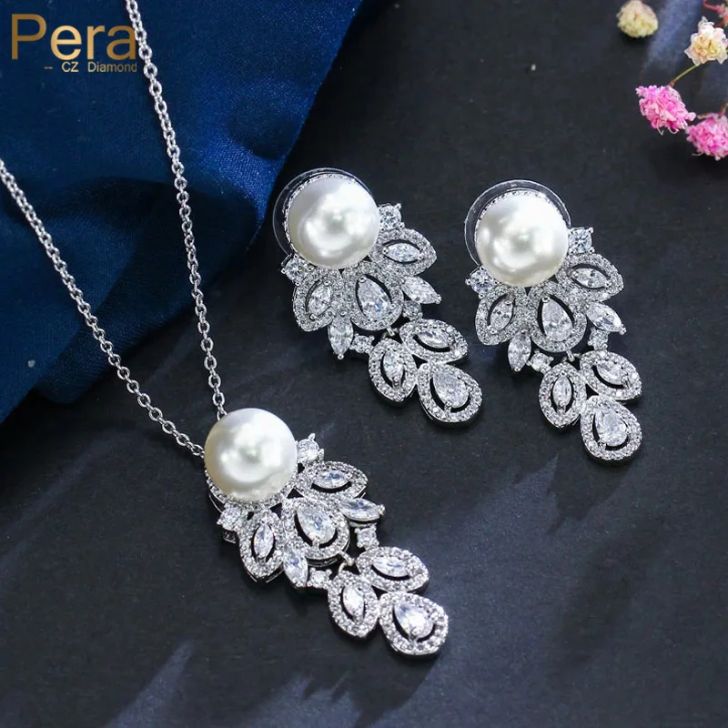 

Pera Elegant Women Silver Color Jewelry White CZ Long Pearl Feather Drop Necklace Earrings for Brides Engagement Party Gift J234