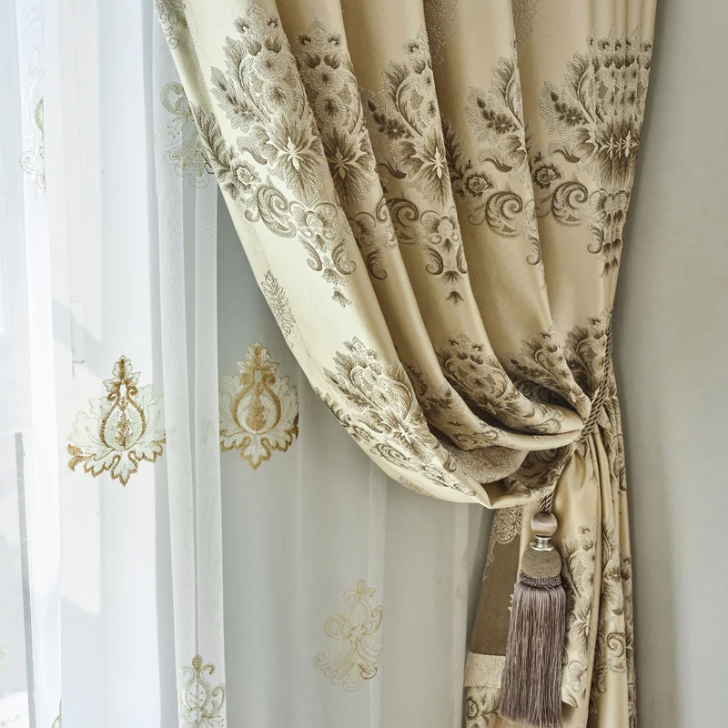 Custom curtain European Light luxury Jacquard bedroom embroidery yellow cloth blackout curtain tulle valance drape M1442