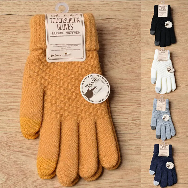 Guantes de invierno para pantalla táctil para hombre y mujer, manoplas de punto elásticas cálidas, de imitación de lana, de dedo completo, de