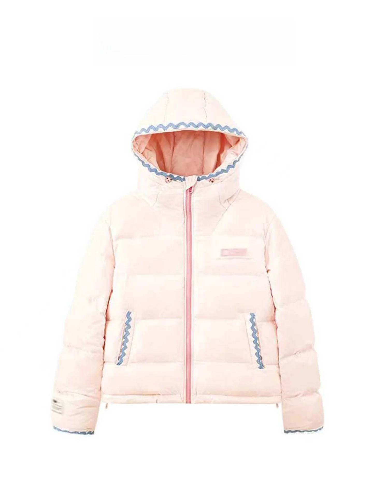 

Pink Embroidered Hooded down Cotton Jacket Women's Winter Thickened Warm Bread Style Coat Long Sleeve Zipper Closure