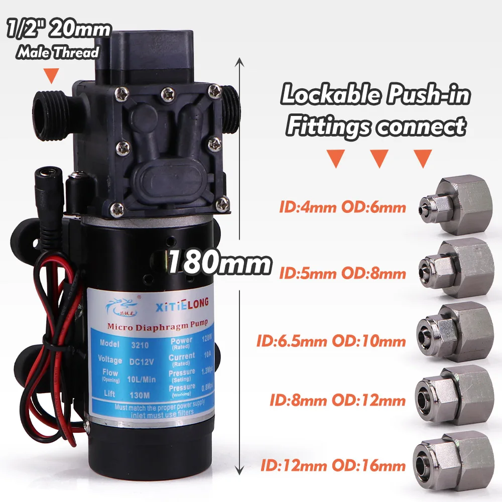 120W Diaphragm Booster Pump Powerful Spray Pump W/ 110-240V Power Supply Lockable Push-in Connect for Garden Irrigation Watering