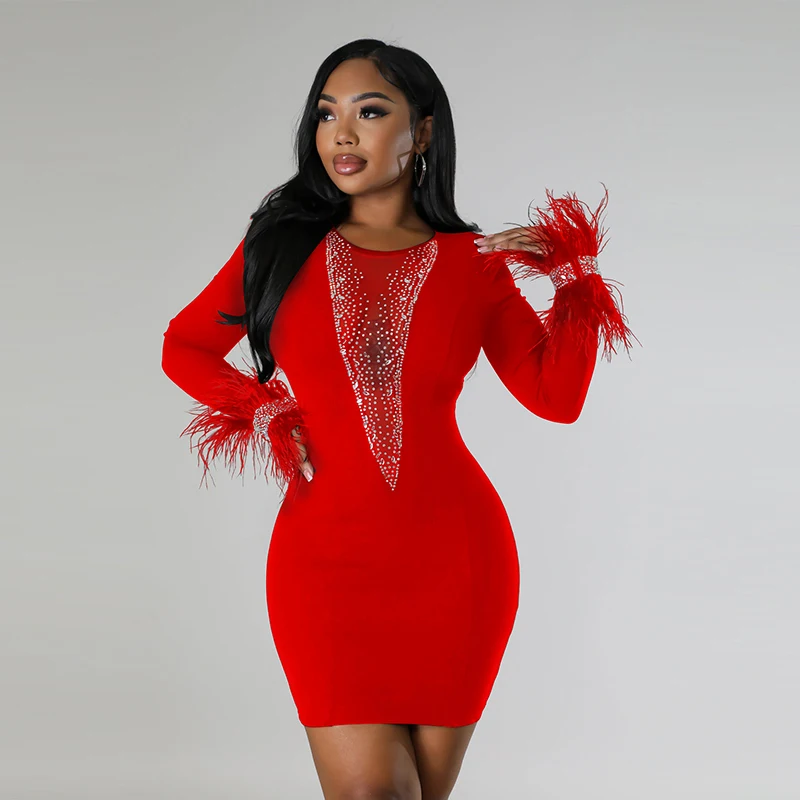 Female Clothing Evening Dress Sexy Mesh Patchwork Tight Mini Skirt Women\'s Feather Long Sleeved Perspective Birthday Dress Luxur