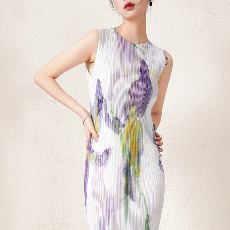High Quality Miyake Clothing Manufacturers Custom Pleated Printed Dress Woman Casual Style Pencil Dress