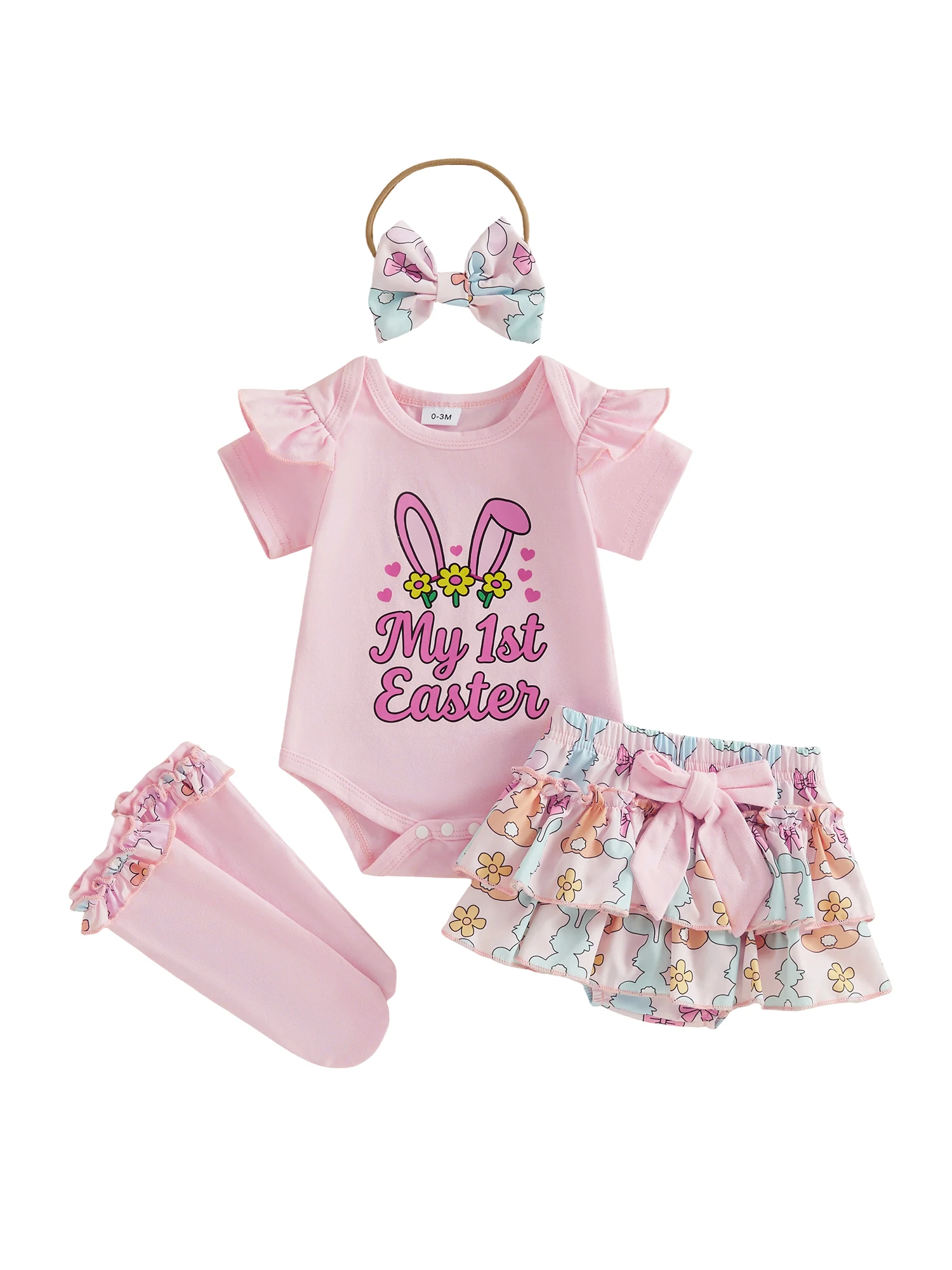 

Easter Bunny Baby Girl Outfit Sleeveless Romper with Carrot Print Shorts Matching Bow Headband and Socks for a Cute Spring