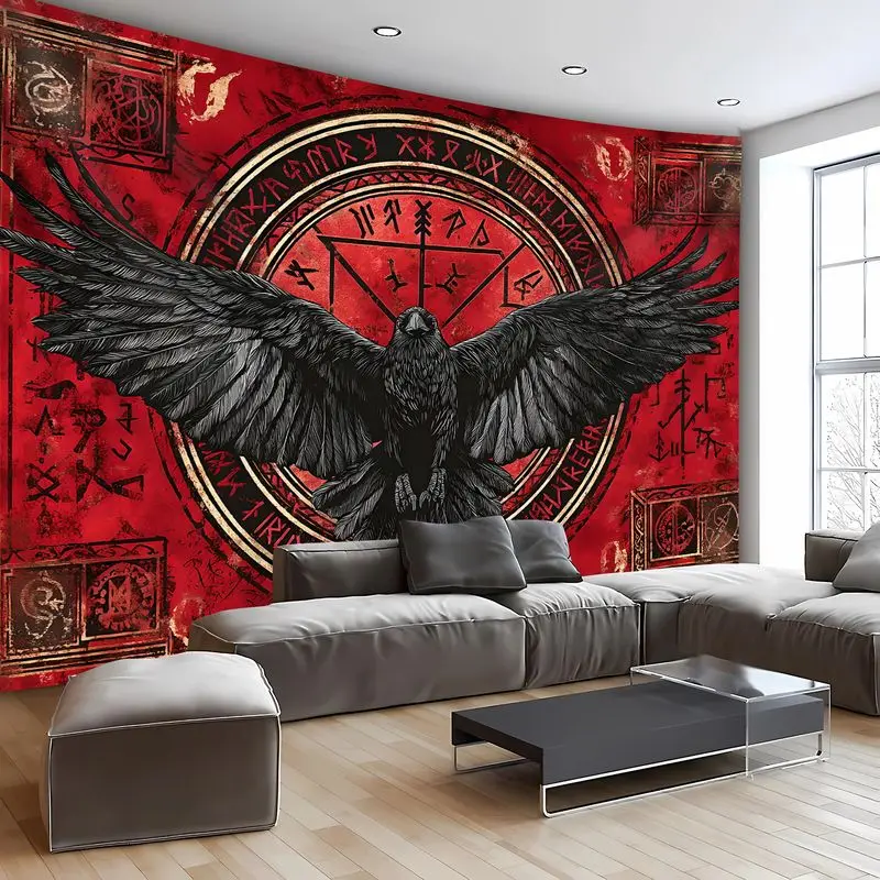 VIKAMA Viking Raven Tapestry Red Vintage Norse Rune Pentagram Wall Hanging Gothic Dark Style Bedroom Decor
