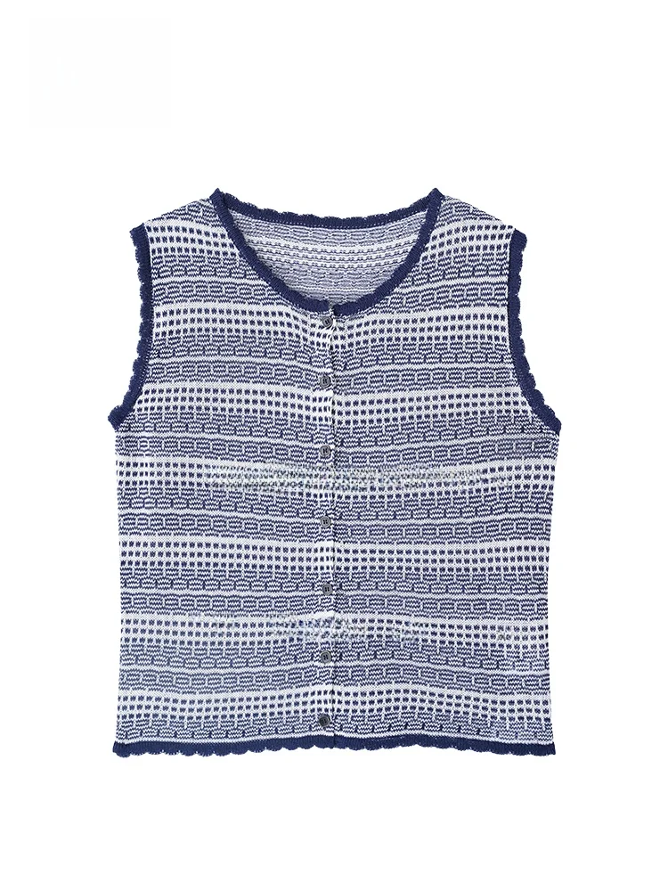 

GOFAR Vintage Spliced Stripe Knitted Vest Women's Svel Top Summer New Sle 42074 Skin-friendly Breathable round Ne