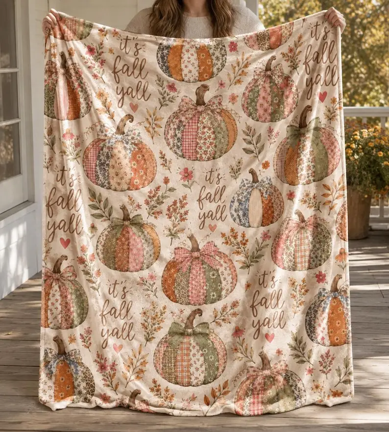 Fall Pumpkin Blanket, Patchwork Fall Velveteen Plush Throw, Cozy Autumn Blanket, Cottagecore Farmhouse Decor, Birthday Fall Gift for Her