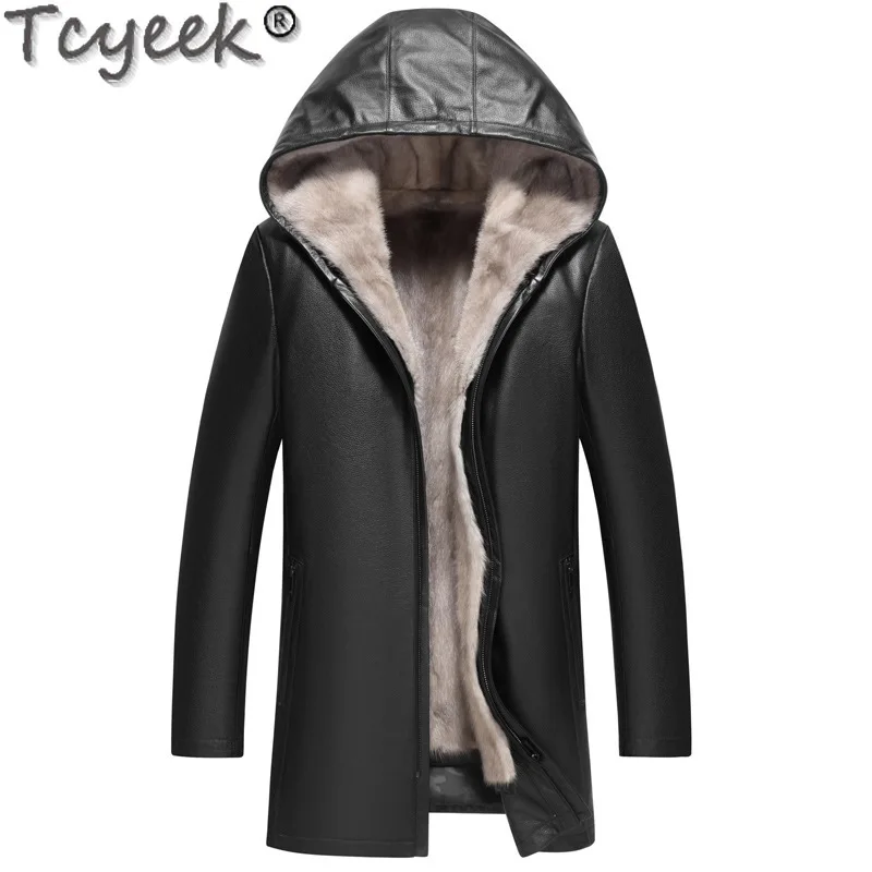 Tcyeek Natural Mink Fur Coat Men Winter Jackets Mid-length Top Layer Cowhide Mid-length Trench Coat Mens Clothing Hooded 2024